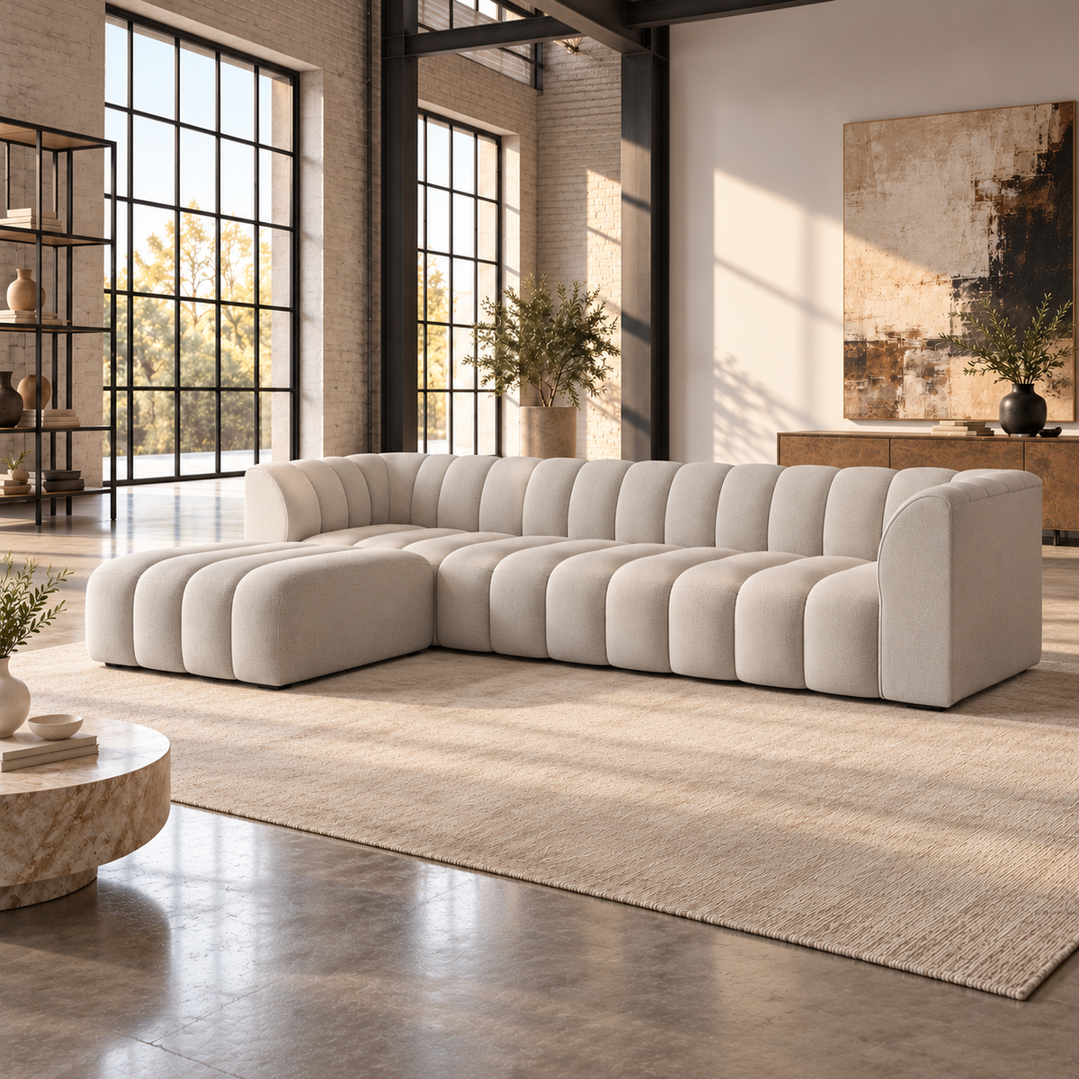 4 Seater Modular Channel Tufted Sofa with Reversible Footstool in Beige Chenille
