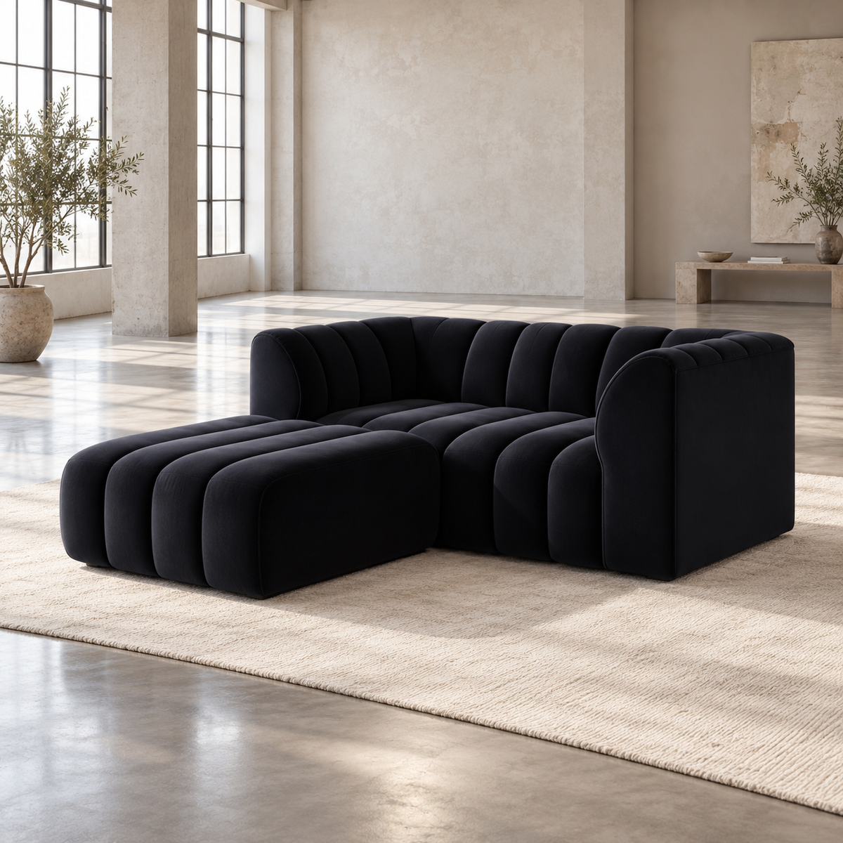 2 Seater Channel Tufted Sofa with Footstool in Black Velvet
