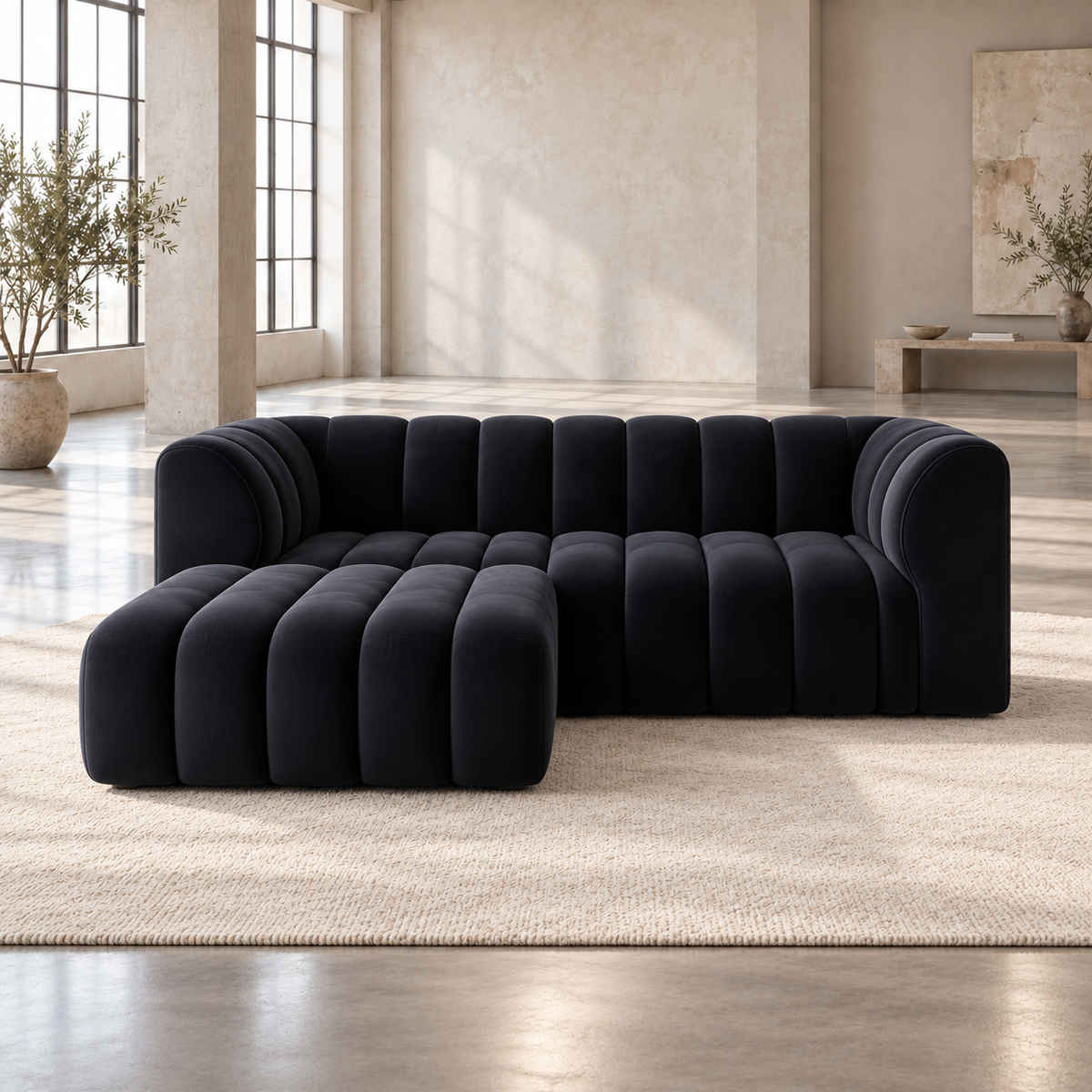 2 Seater Channel Tufted Sofa with Footstool in Black Velvet