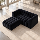 2 Seater Channel Tufted Sofa with Footstool in Black Velvet