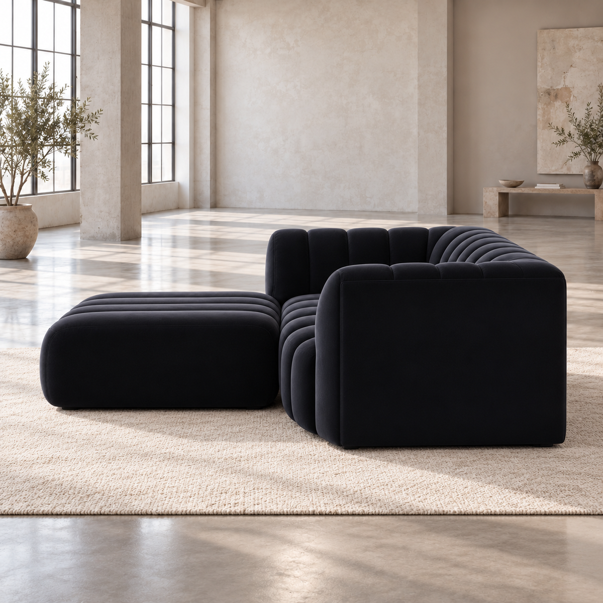 2 Seater Channel Tufted Sofa with Footstool in Black Velvet