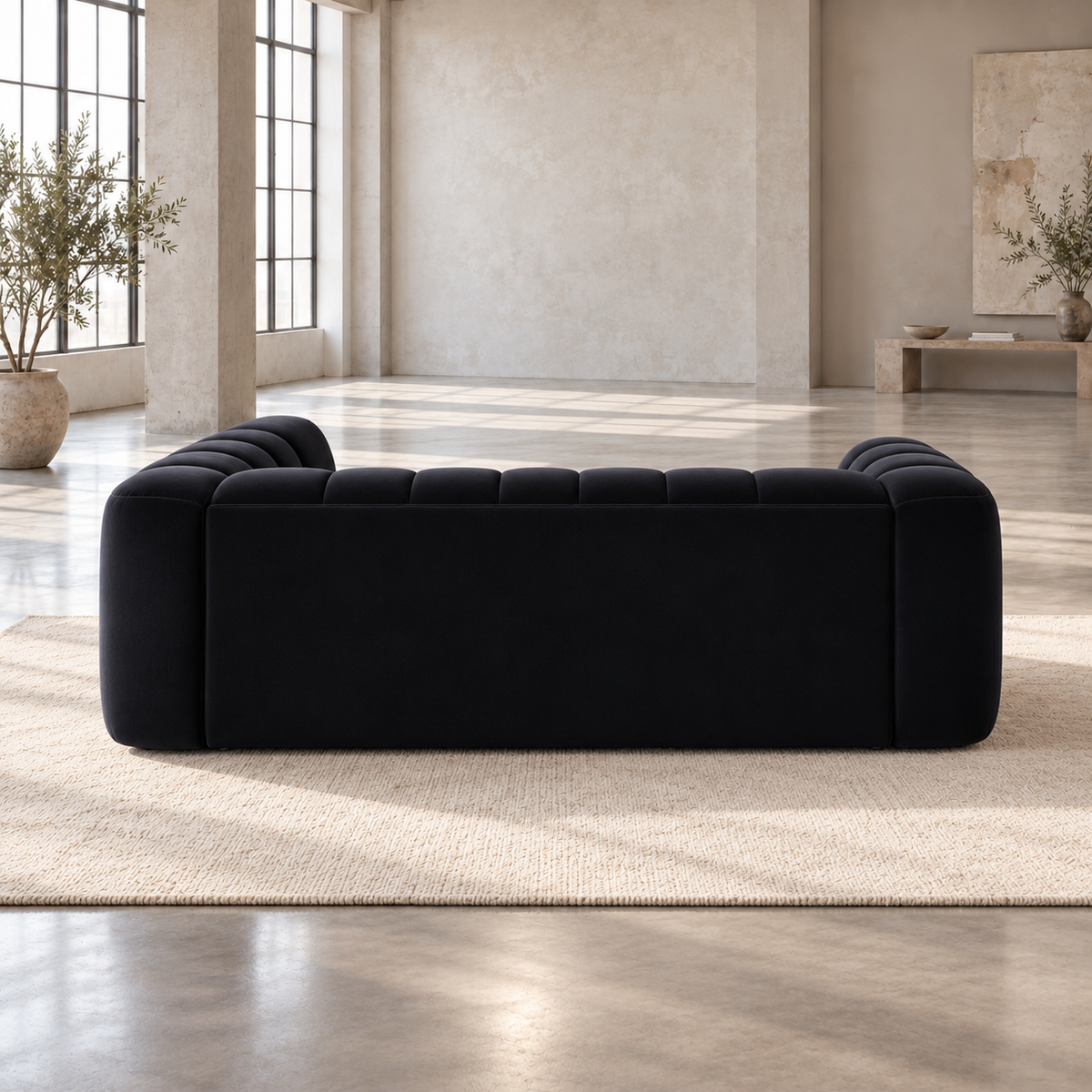 2 Seater Channel Tufted Sofa with Footstool in Black Velvet