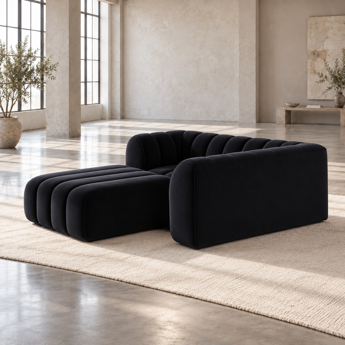 2 Seater Channel Tufted Sofa with Footstool in Black Velvet