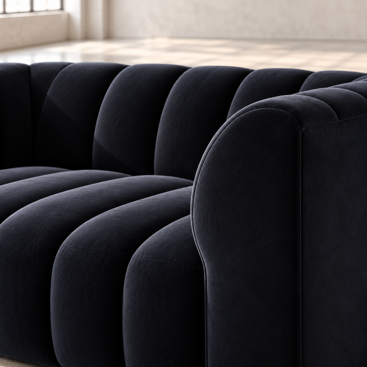 2 Seater Channel Tufted Sofa with Footstool in Black Velvet