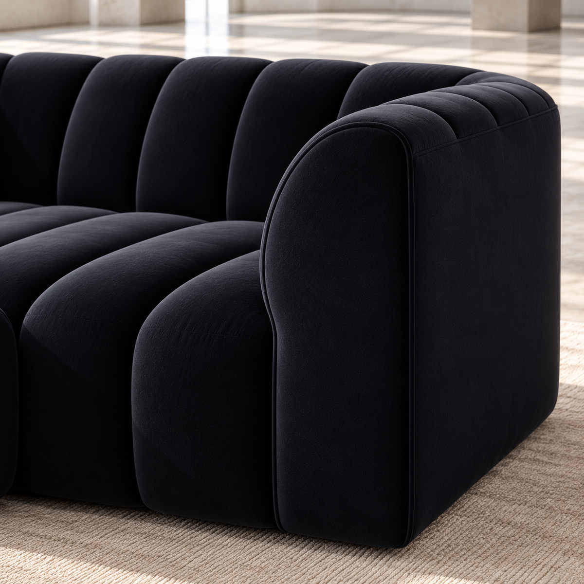 2 Seater Channel Tufted Sofa with Footstool in Black Velvet
