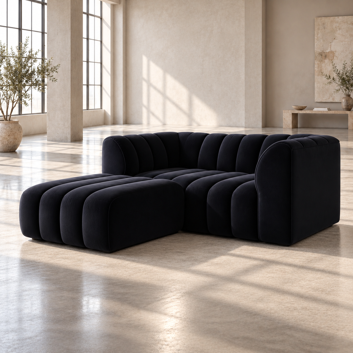 2 Seater Channel Tufted Sofa with Footstool in Black Velvet