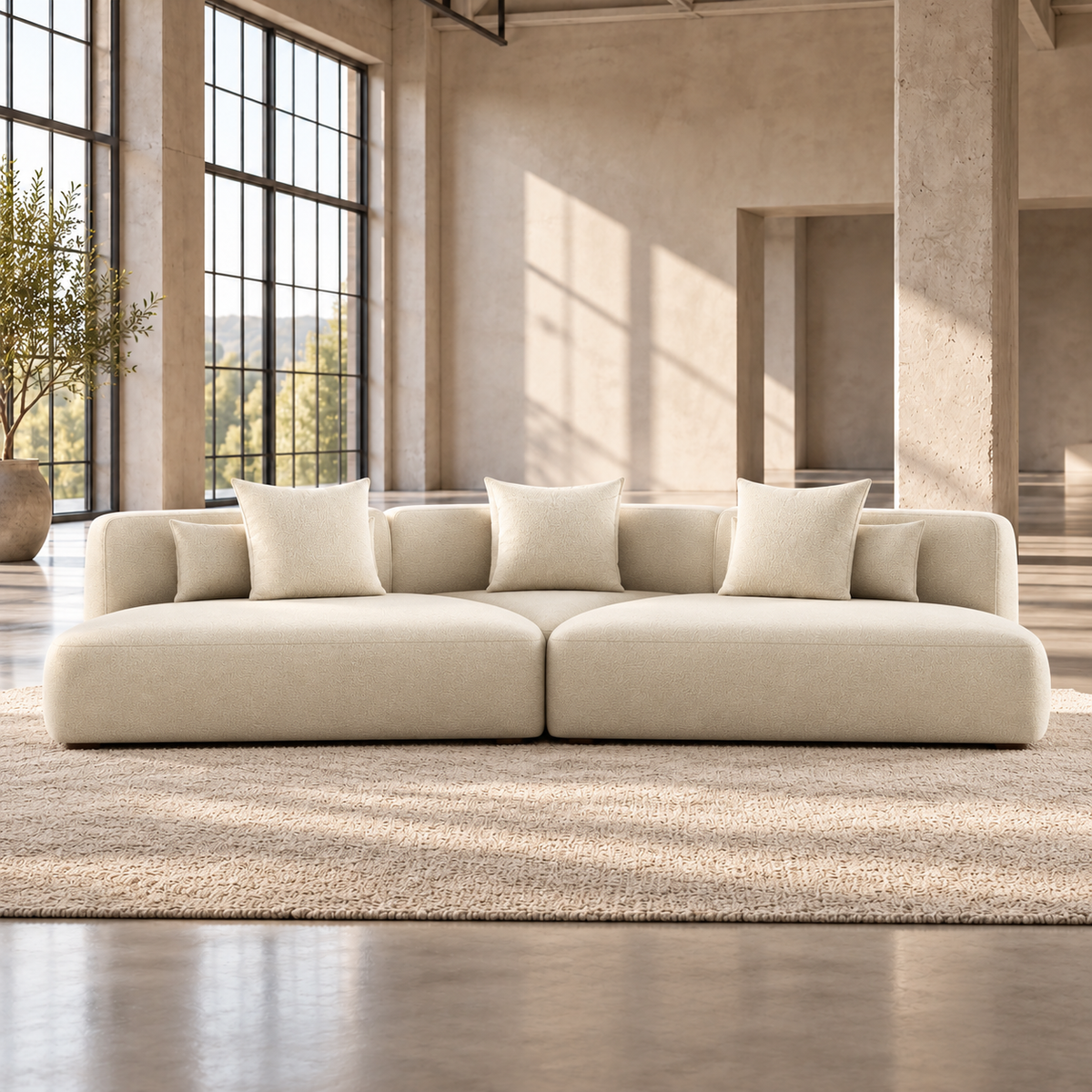 Large 5 Seater L Shaped Corner Sofa in Cream Chenille