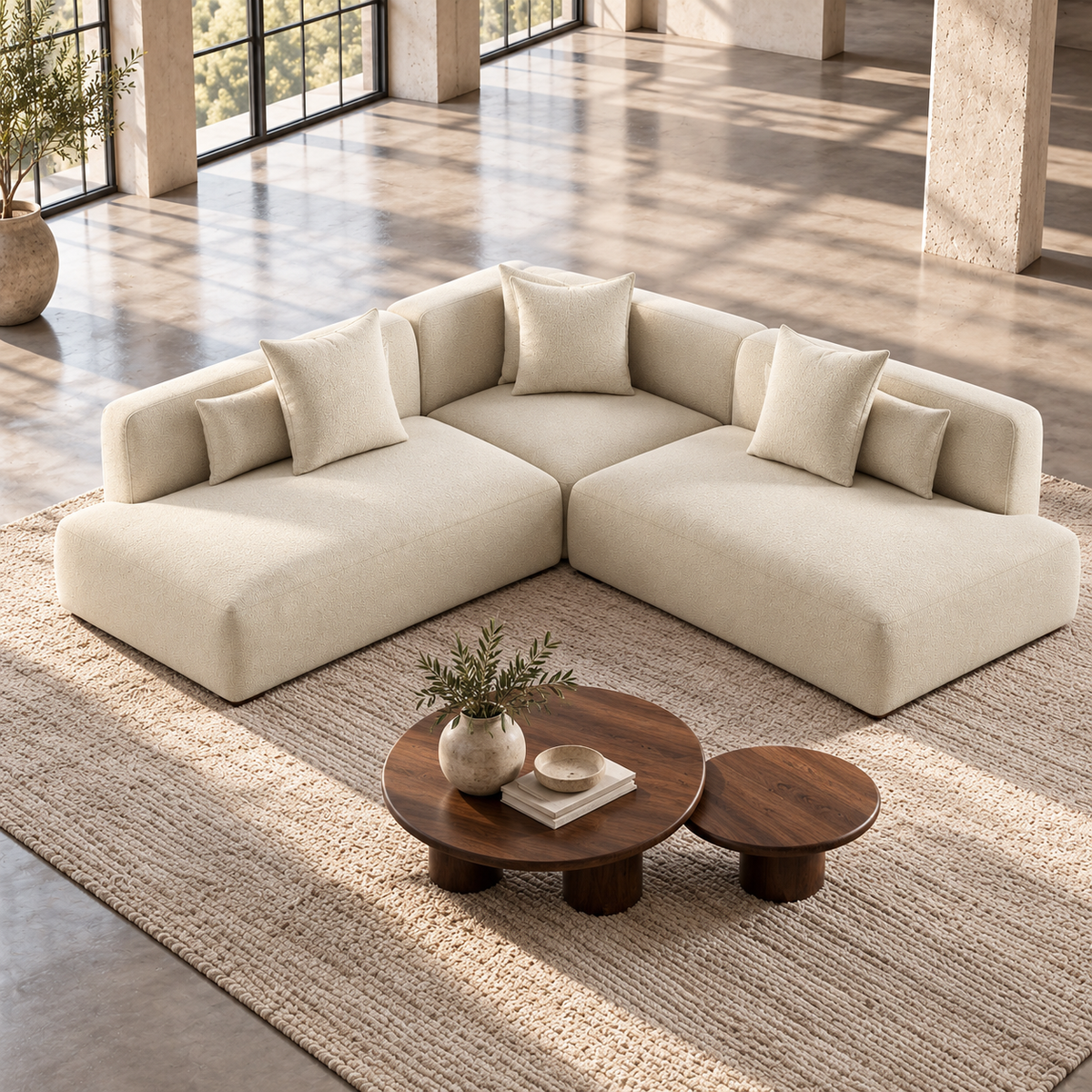 Large 5 Seater L Shaped Corner Sofa in Cream Chenille