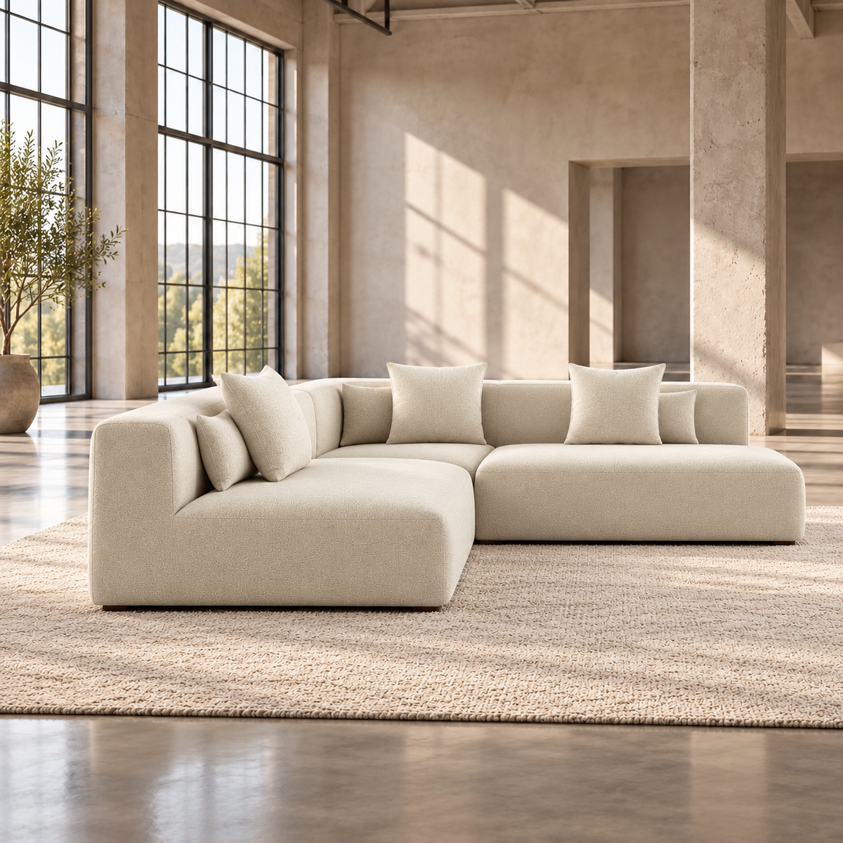 Large 5 Seater L Shaped Corner Sofa in Cream Chenille