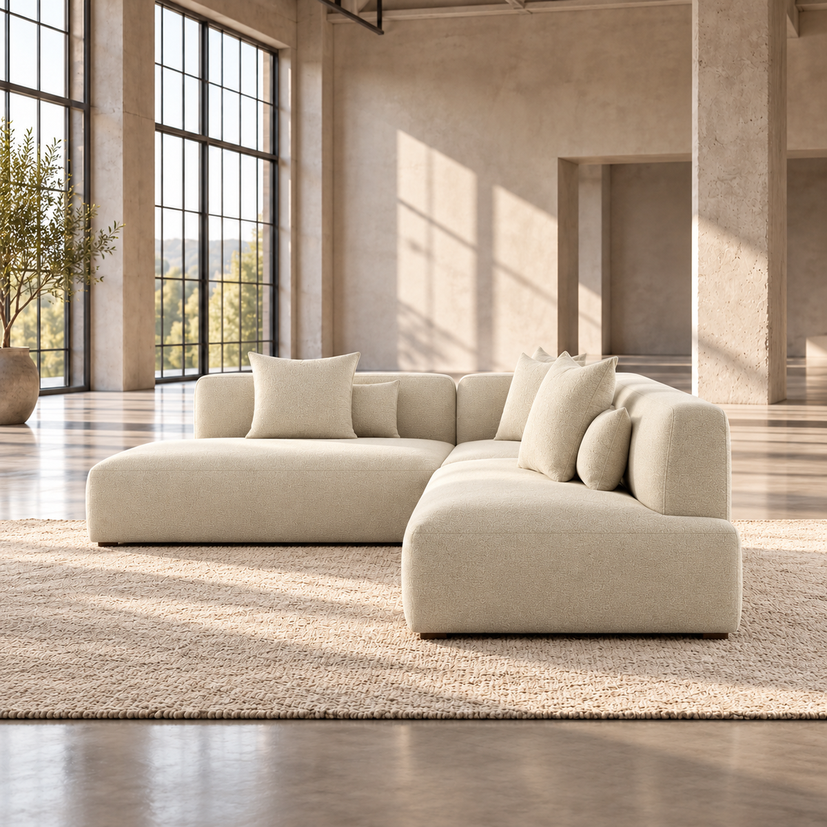 Large 5 Seater L Shaped Corner Sofa in Cream Chenille