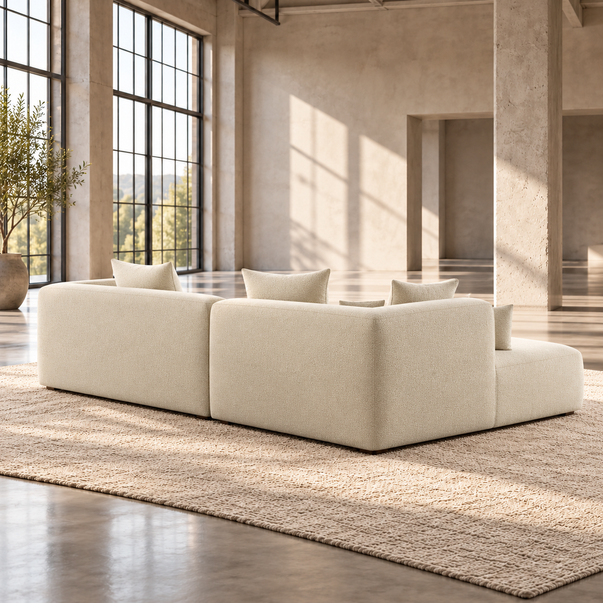 Large 5 Seater L Shaped Corner Sofa in Cream Chenille