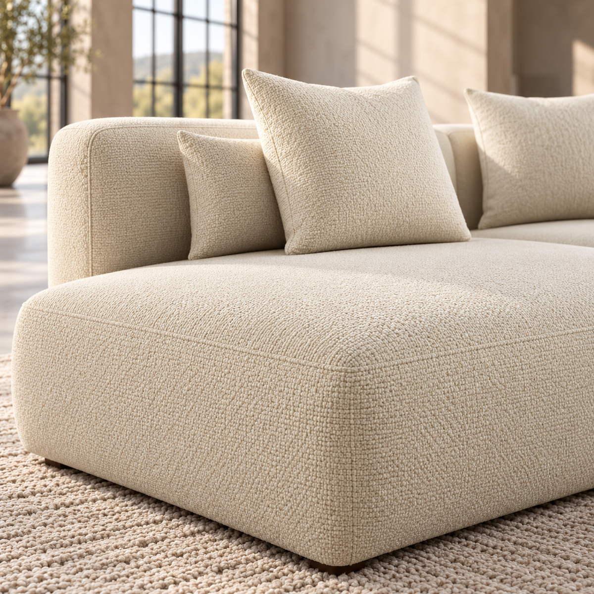 Large 5 Seater L Shaped Corner Sofa in Cream Chenille