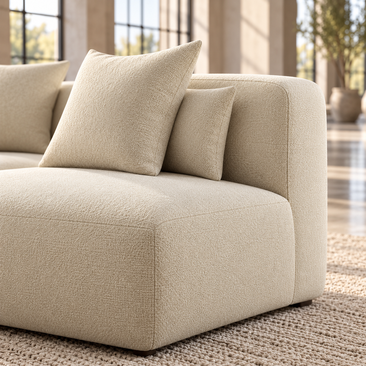 Large 5 Seater L Shaped Corner Sofa in Cream Chenille