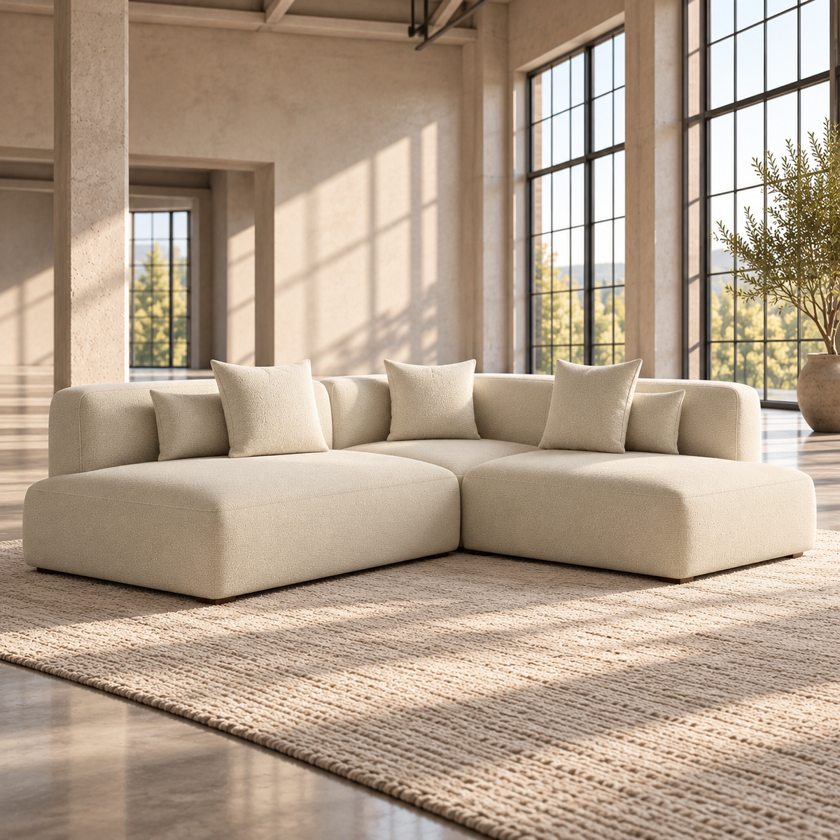 Large 5 Seater L Shaped Corner Sofa in Cream Chenille
