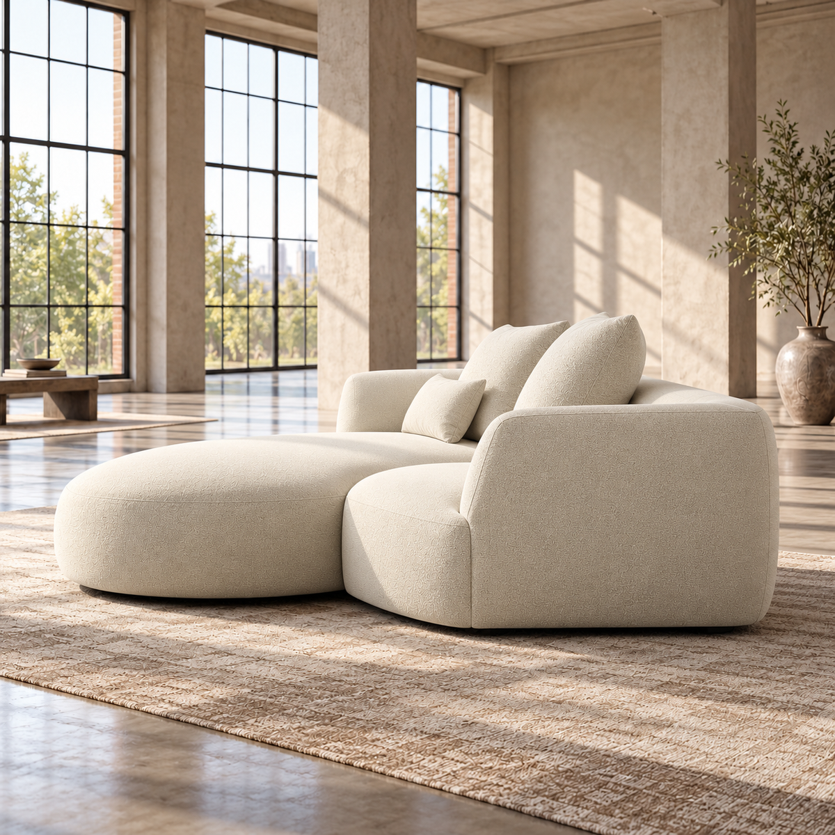 2 Seater Curved L Shaped Sofa in Cream Chenille