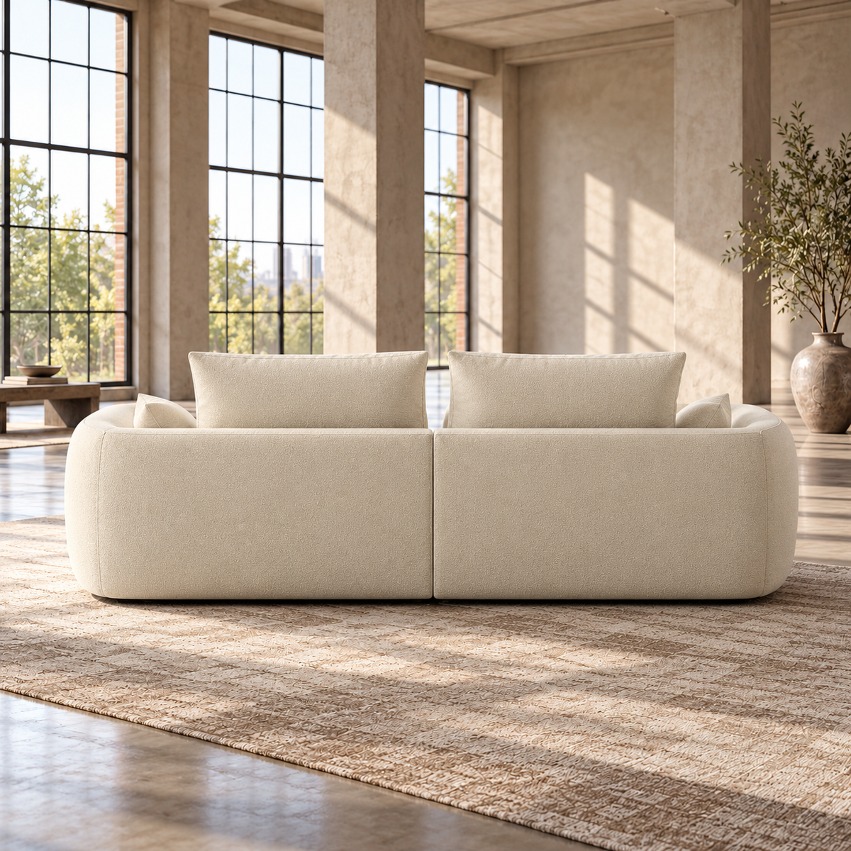 2 Seater Curved L Shaped Sofa in Cream Chenille