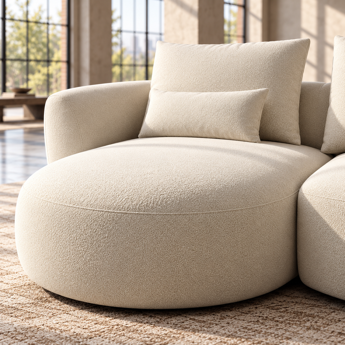 2 Seater Curved L Shaped Sofa in Cream Chenille