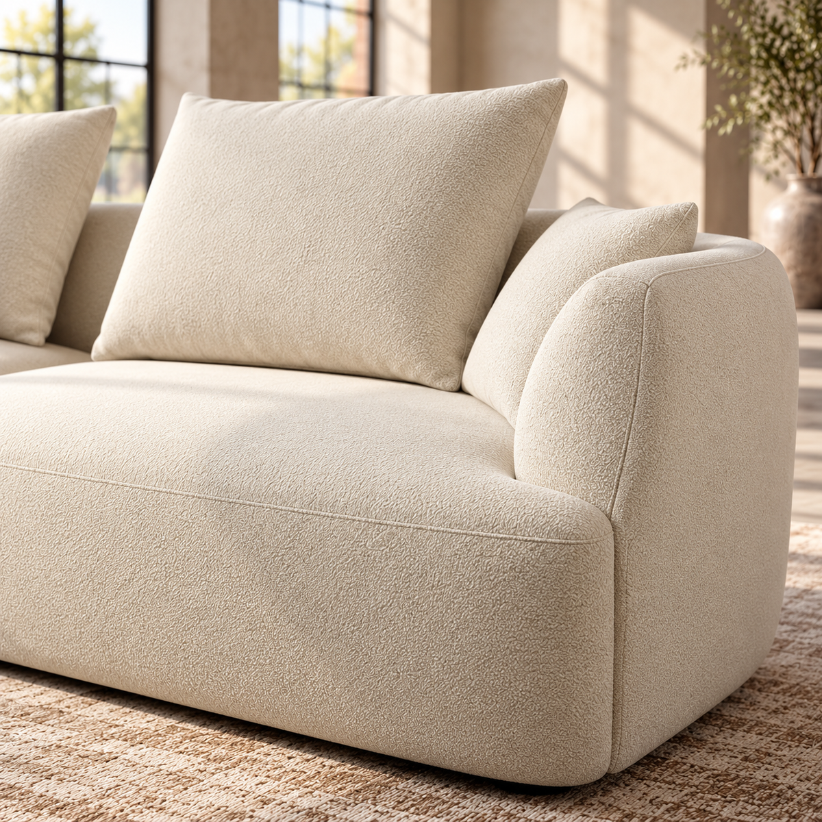 2 Seater Curved L Shaped Sofa in Cream Chenille