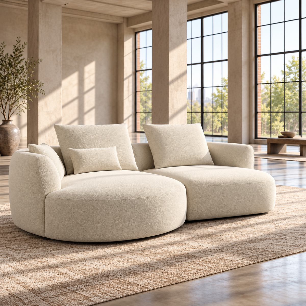 2 Seater Curved L Shaped Sofa in Cream Chenille