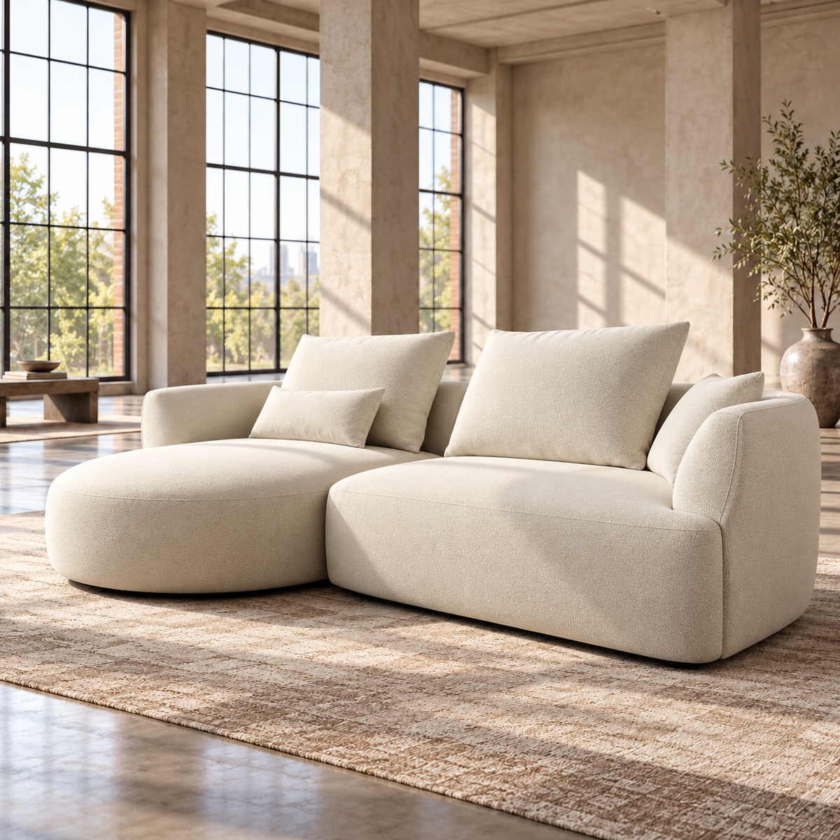 2 Seater Curved L Shaped Sofa in Cream Chenille