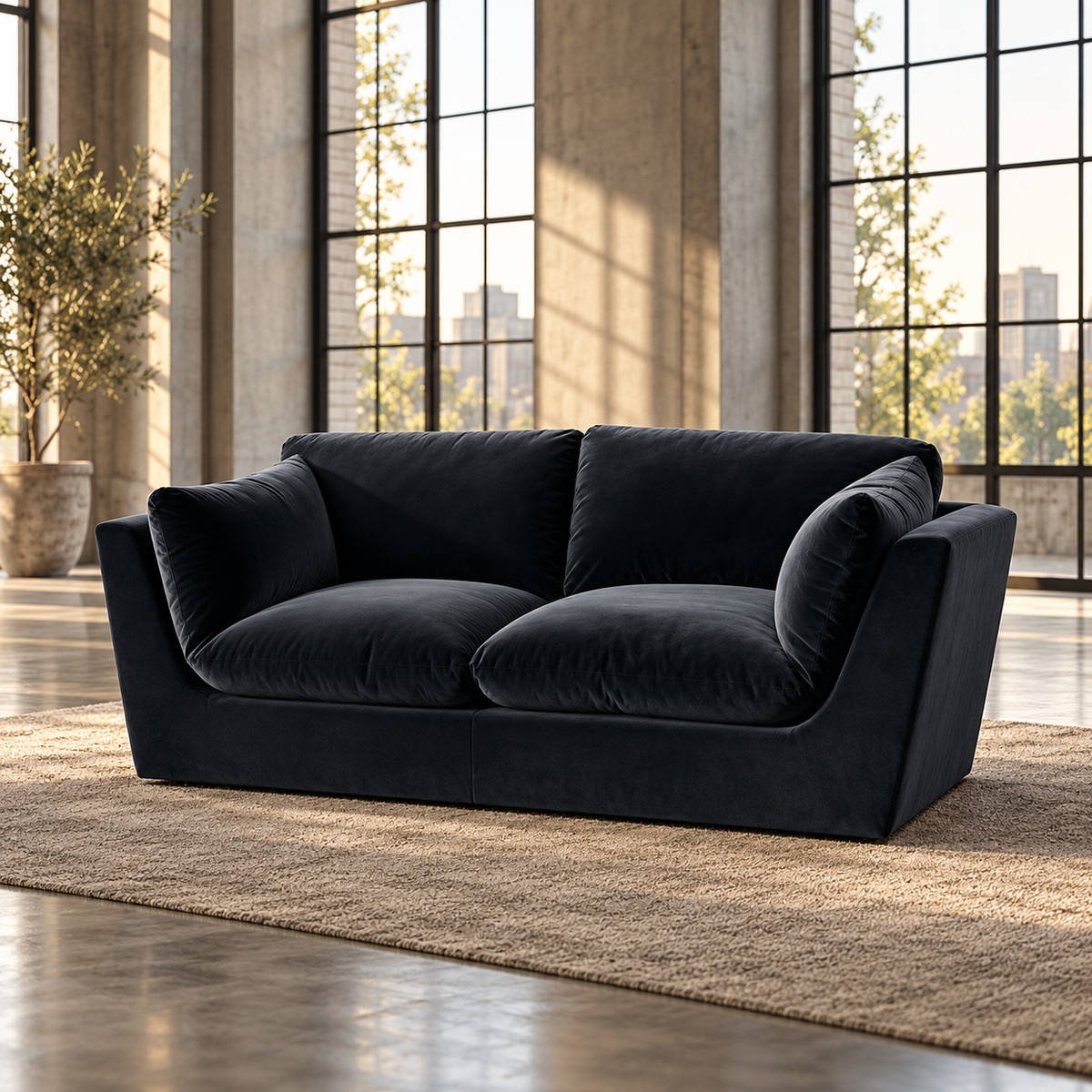 3 Seater Minimalist Sofa in Black Velvet