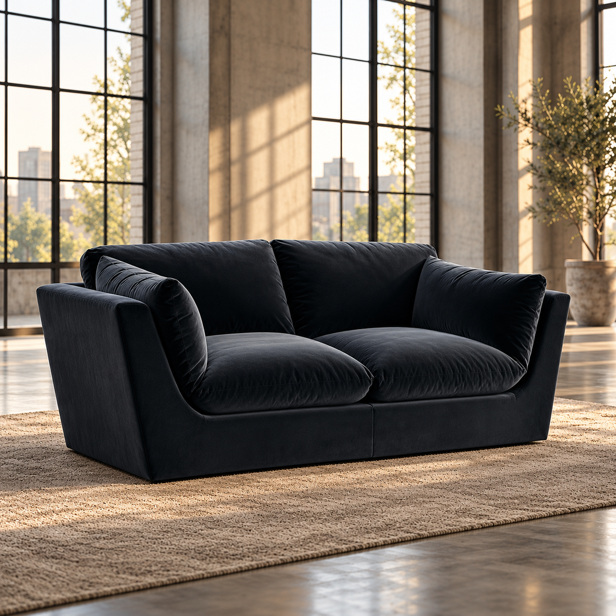 3 Seater Minimalist Sofa in Black Velvet