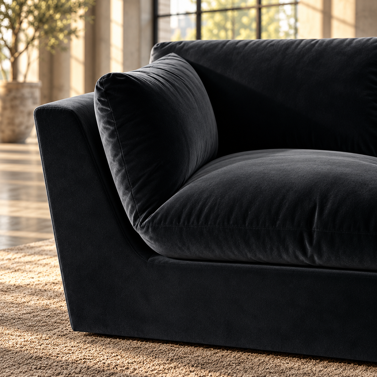3 Seater Minimalist Sofa in Black Velvet