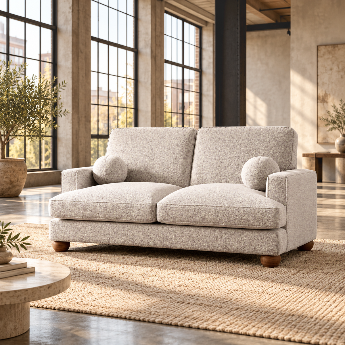 2 Seater Boucle Sofa in Beige with Ball Feet