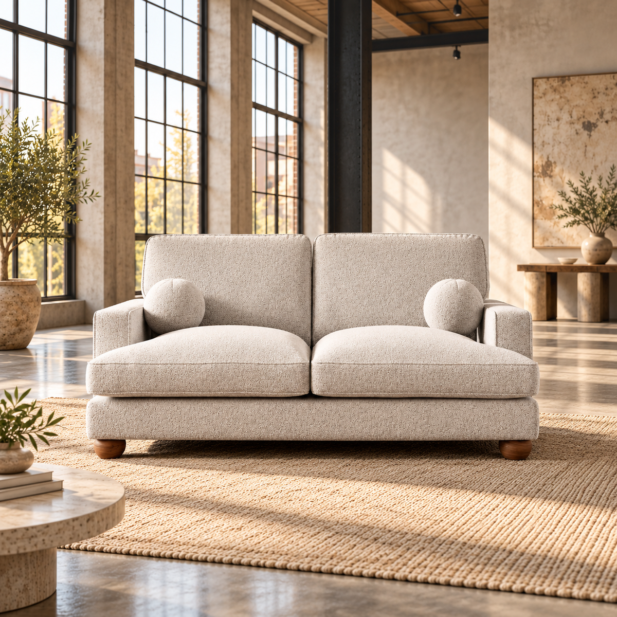 2 Seater Boucle Sofa in Beige with Ball Feet
