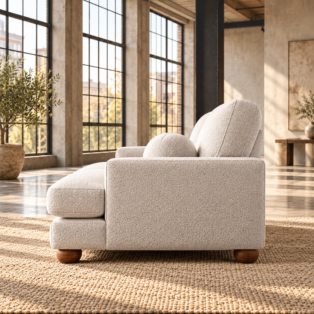 2 Seater Boucle Sofa in Beige with Ball Feet