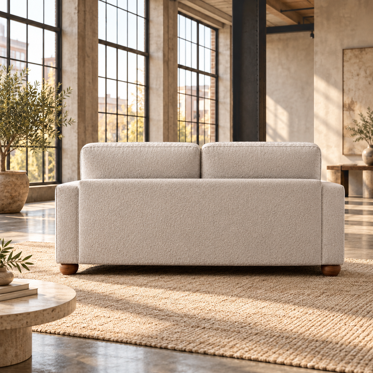 2 Seater Boucle Sofa in Beige with Ball Feet