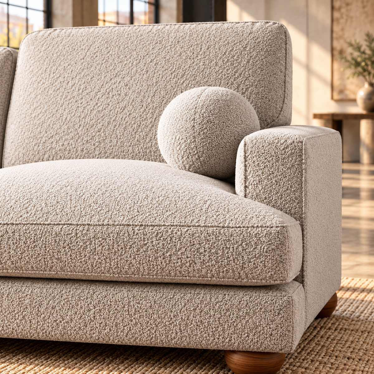 2 Seater Boucle Sofa in Beige with Ball Feet