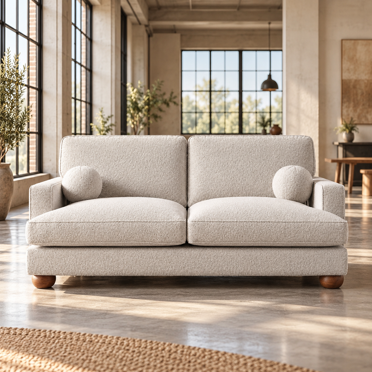 3 Seater Boucle Sofa in Beige with Ball Feet