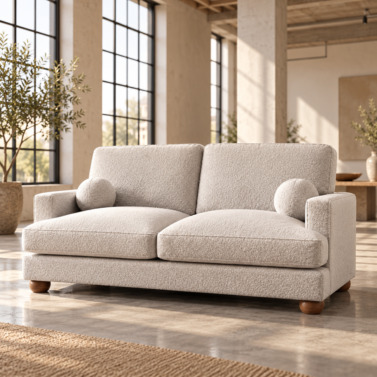3 Seater Boucle Sofa in Beige with Ball Feet