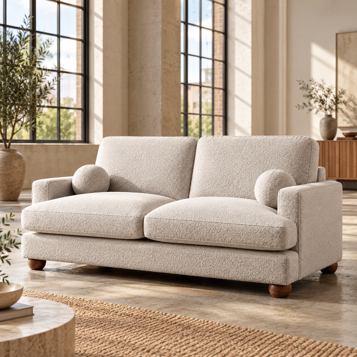 3 Seater Boucle Sofa in Beige with Ball Feet