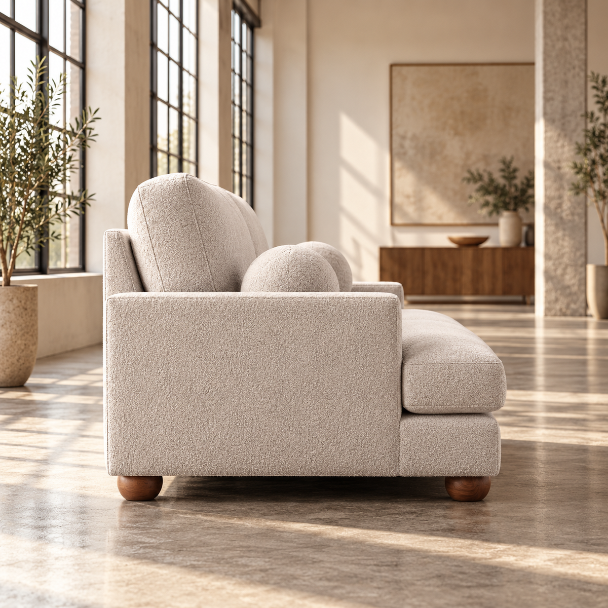 3 Seater Boucle Sofa in Beige with Ball Feet