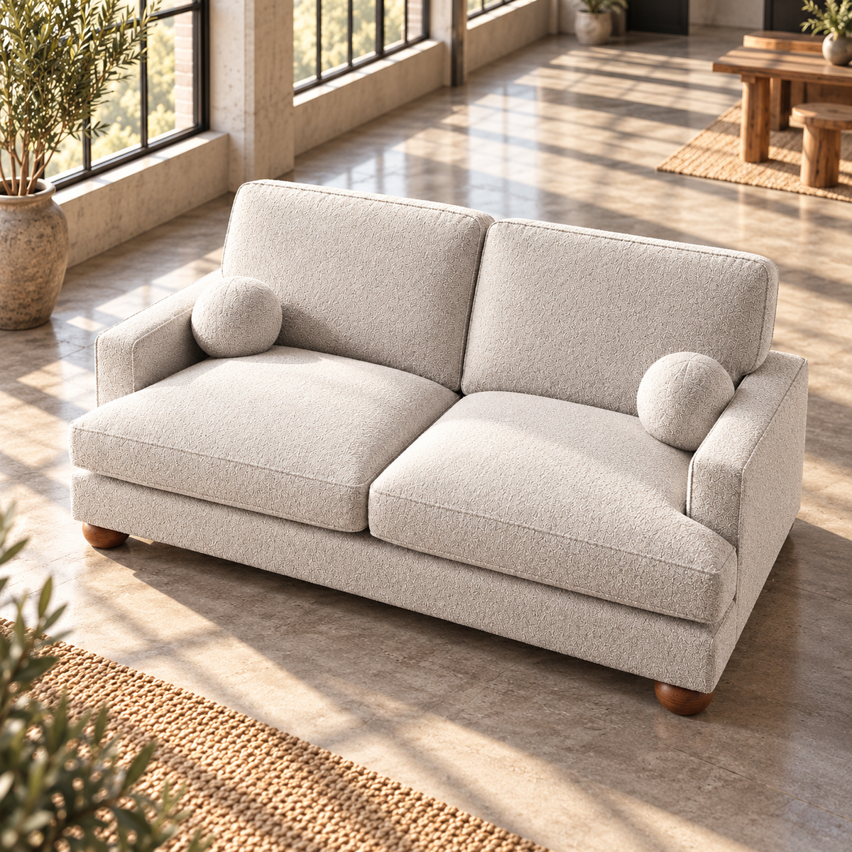 3 Seater Boucle Sofa in Beige with Ball Feet