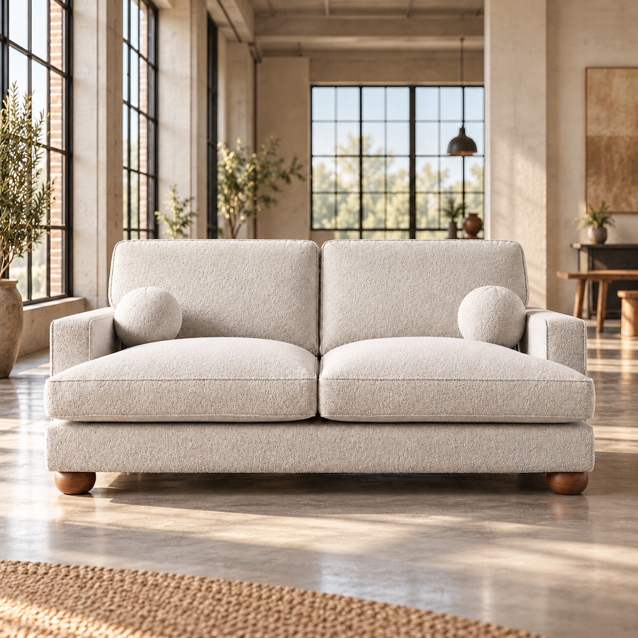 3 Seater Boucle Sofa in Beige with Ball Feet