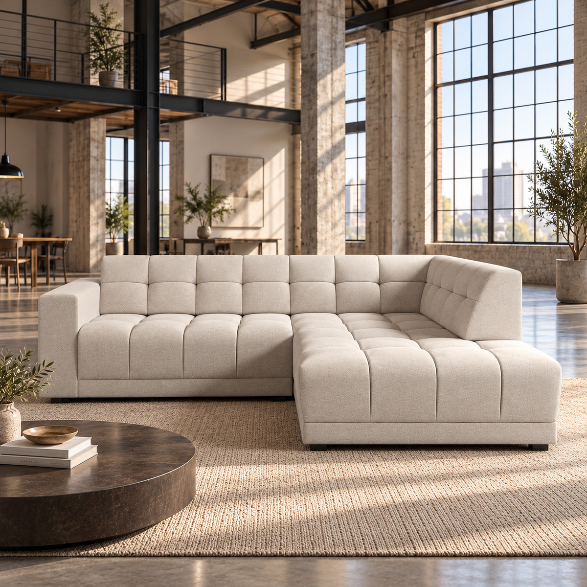 3 Seater Right Hand Corner Sofa in Cream Faux Suede