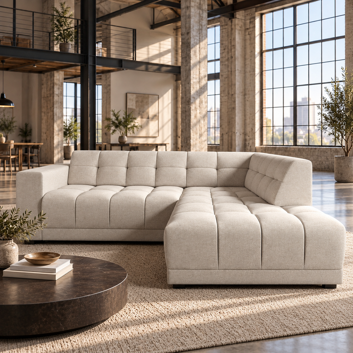 3 Seater Right Hand Corner Sofa in Cream Faux Suede
