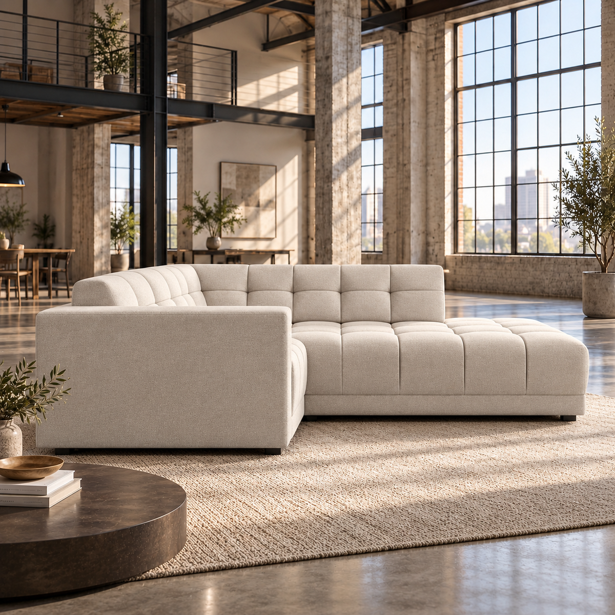 3 Seater Right Hand Corner Sofa in Cream Faux Suede