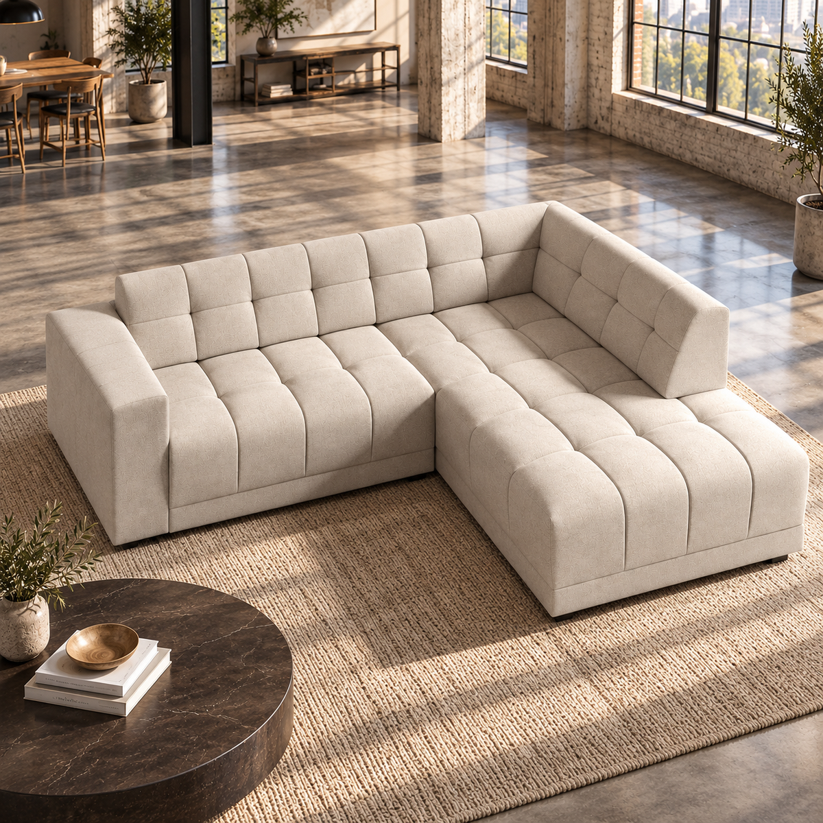 3 Seater Right Hand Corner Sofa in Cream Faux Suede