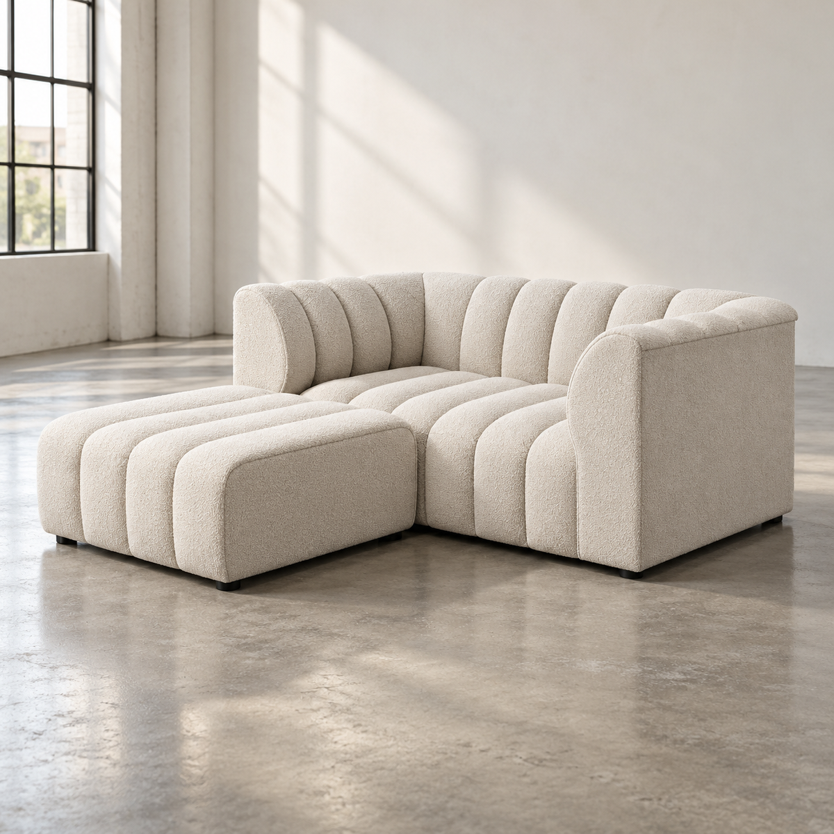 2 Seater Channel Tufted Sofa with Footstool in Beige Chenille