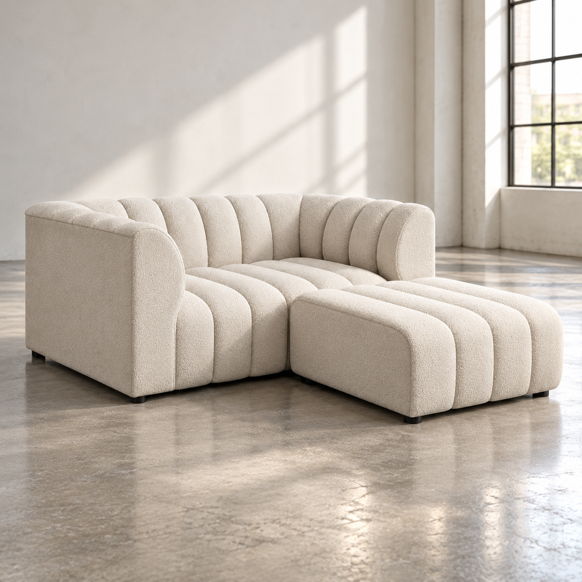 2 Seater Channel Tufted Sofa with Footstool in Beige Chenille