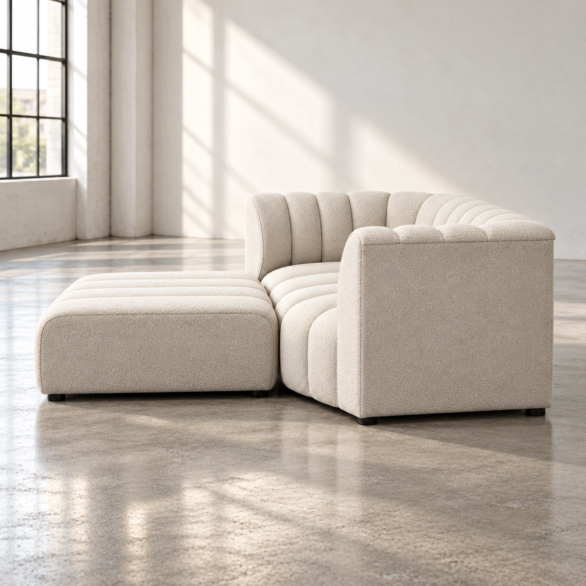 2 Seater Channel Tufted Sofa with Footstool in Beige Chenille