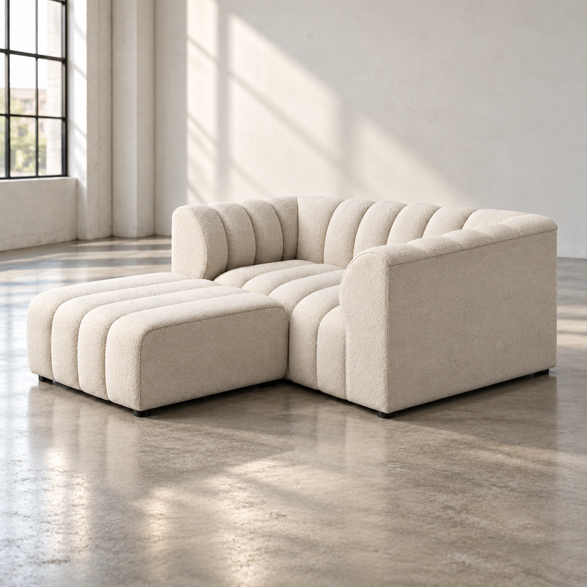 2 Seater Channel Tufted Sofa with Footstool in Beige Chenille