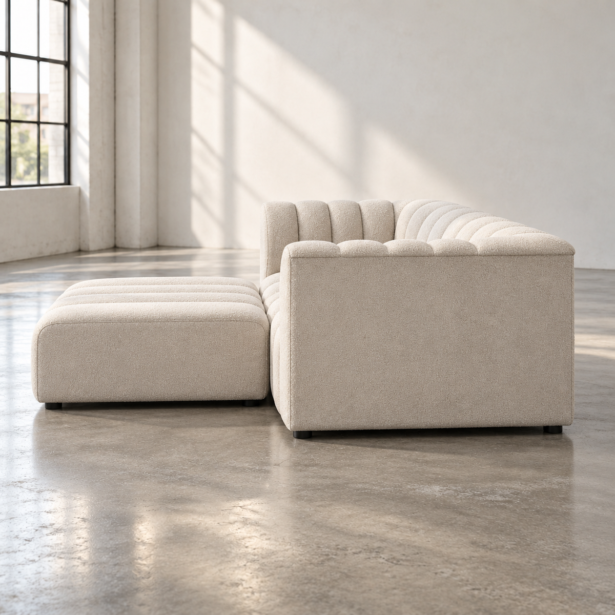 2 Seater Channel Tufted Sofa with Footstool in Beige Chenille