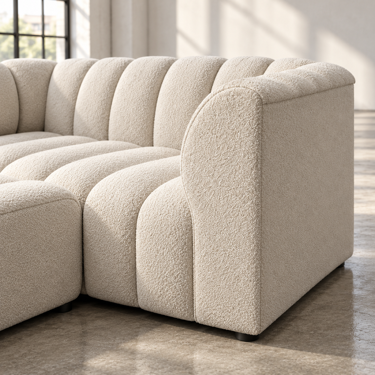 2 Seater Channel Tufted Sofa with Footstool in Beige Chenille