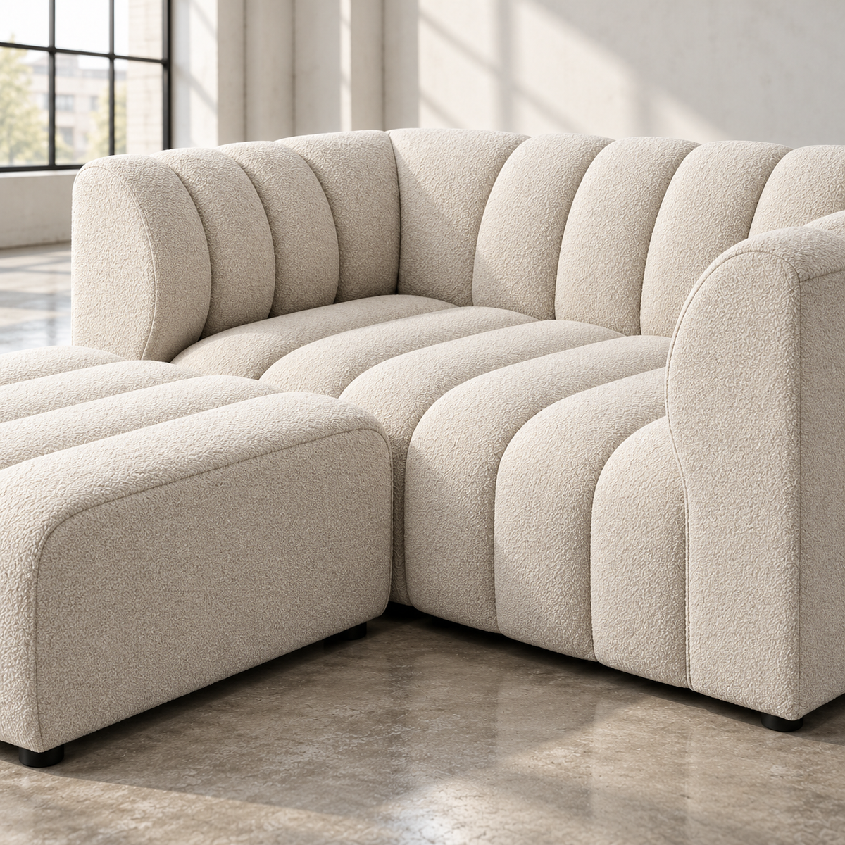 2 Seater Channel Tufted Sofa with Footstool in Beige Chenille