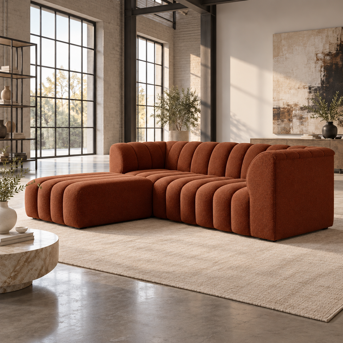 3 Seater Channel Tufted Sofa with Footstool in Burnt Orange Chenille